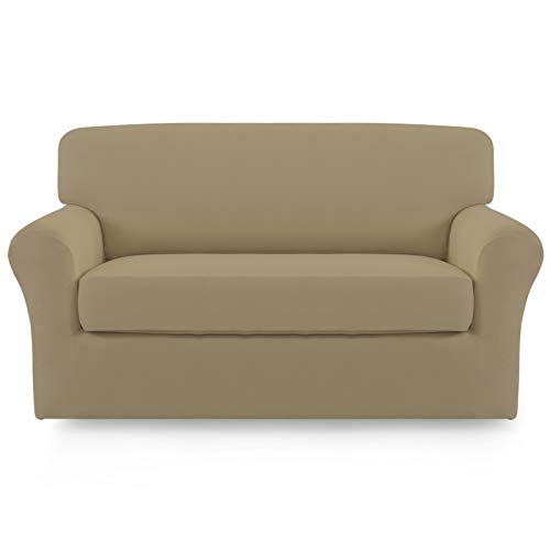Image of Easy-Going 2 Pieces Stretch Loveseat Couch Sofa Slipcover Washable | Spandex Soft Fitted Sofa Couch Cover for Sofa Furniture Protector with Bottom Kids,Pet Dog Tan