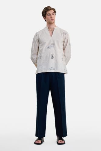 Image of SNITCH Men Trousers Holiday & Casual Wear | Relaxed Fit Pleated Front & Straight Leg Design | Breathable Cotton Linen Blend Fabric for Summer & Vacation Outings