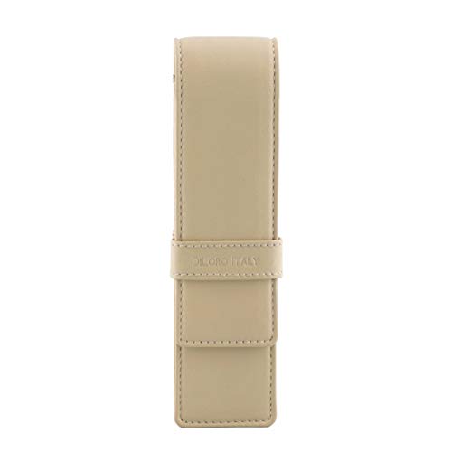 Image of DiLoro Leather Double Pen Case Pencil Pouch Holder for Two Fountain Ballpoint Rollerball Pens and Pencils (Beige)