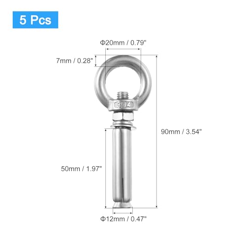 Image of uxcell Ring Lifting Expansion Eyebolt, 5pcs M8x70mm 304 Stainless Steel Expansion Screw with Eye Ring for Concrete Brick Wall
