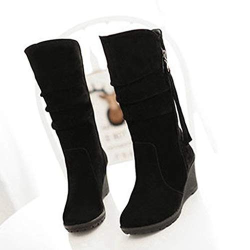 MIOKE Women's Wedge Slouch Mid Calf Boots Suede Round Toe Wide Width Platform High Heel Tassel Dress Boots3