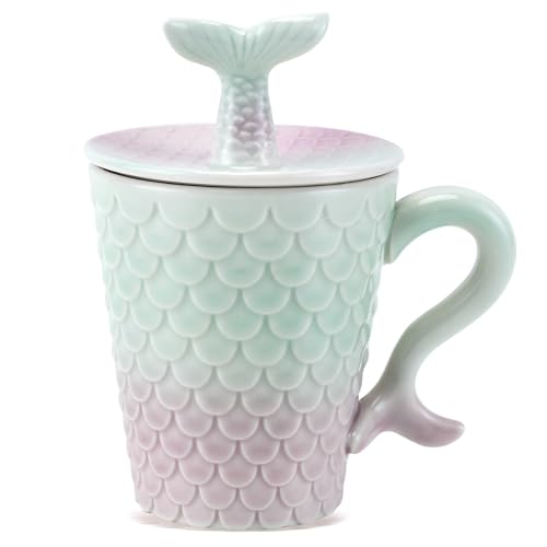 DECHM Taza de café de cerámica de sirena con asa de tapa, tazas para niños para niñas y...