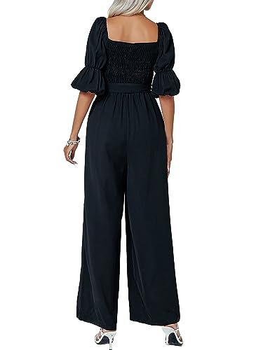 LYANER Women's Summer Smocked Jumpsuits Square Neck Shirred Puff Sleeve Casual High Waist Wide Leg Long Romper Black Small