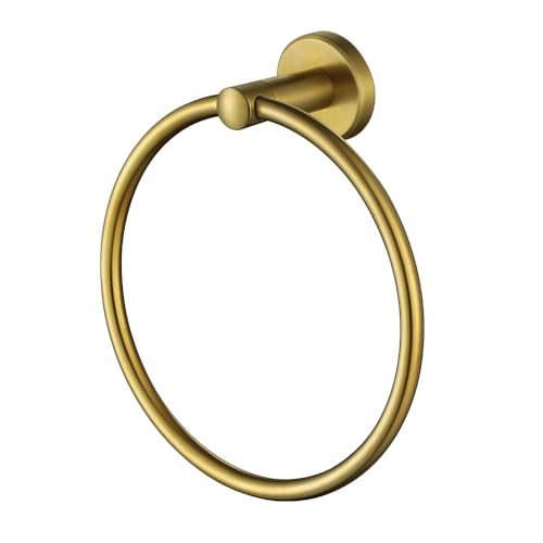 JQK Towel Ring Brass Gold, 304 Stainless Steel Hand Towel Holder for Bathroom, Brushed Gold Wall Mount, TR130-BG