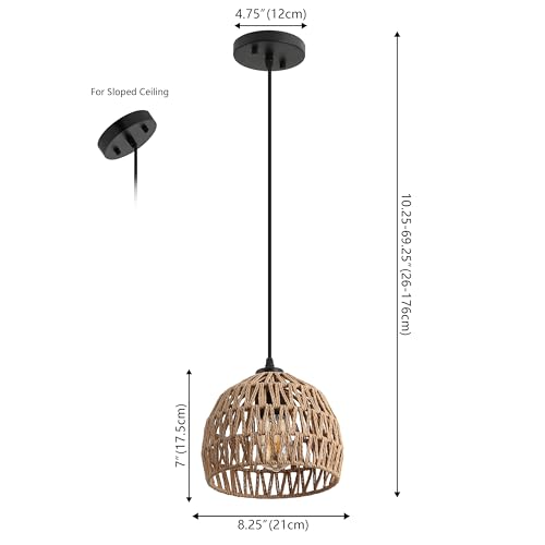 Image of JONATHAN Y 8.25 inch Brown Modern Bohemian Woven Rope LED Pendant Light Fixture, Adjustable Dome Ceiling Lamp for Kitchen Island, Rope Shade, Coastal Farmhouse Decor (JYL6512E)