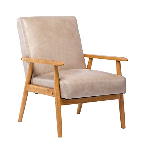 freemax Mid Century Accent Armchair Wood Leather Lounge Chair with Suede Cushion and Soft Sponge, for Living Room Bedroom Reading Room (Beige)