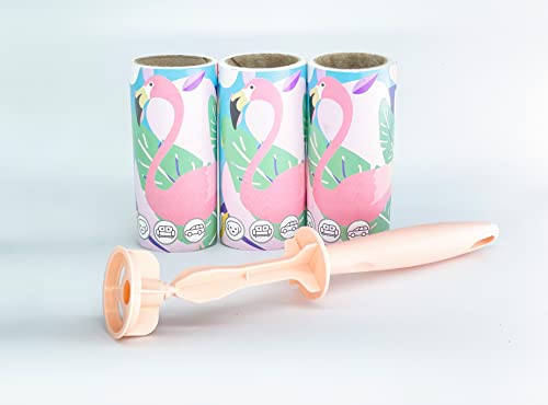 Image of House of Quirk Lint Rollers Brush Reusable Sticky Picker Cleaner Roller Easy-Tear Sheets Pet Hair Lint Roller 10cm Sheet Set of 3 Rolls 180 Sheets, 60 Sheets Each roll - Pink Flamingo