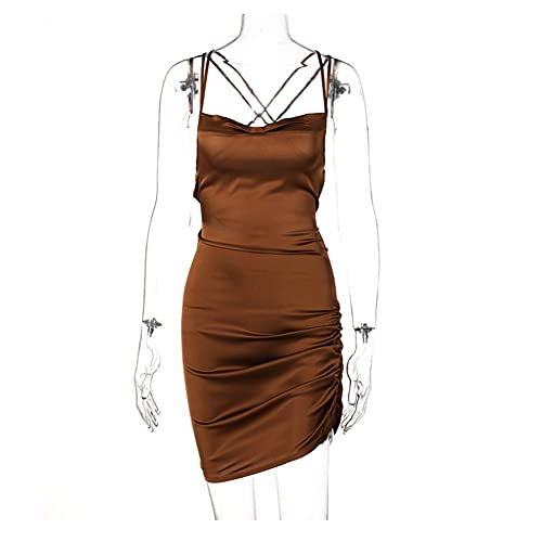 Image of JUMISEE Women Satin Ruched Lace Up Bodycon Mini Dress Sexy Backless Spaghetti Strap Party Dress for Cocktail Clubwear