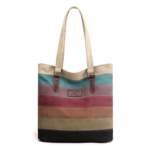 Striped Canvas Tote Bag - Multi-Color Crossbody Shoulder Purse Tote-Handbag for Women