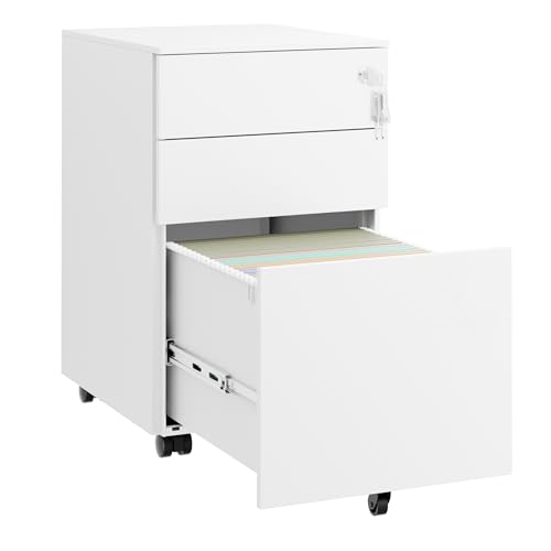 LVSTEEL Archivador Móvil de 3 Cajones, Cajonera con Cerradura, Archivador Dbajo del Escritorio para Oficina, Completamente Ensamblado, con 4 Llaves, Adecuado para A4 / Carta