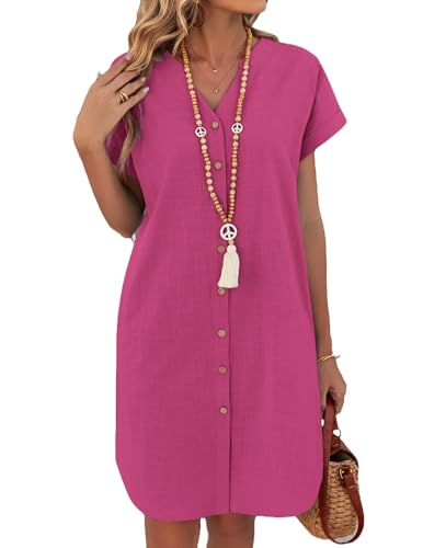 Zeagoo Robe D'été Femme Décontractée Col V Mini Robe Manches Courtes Robe en Lin Ample Blouse Robes Bikini Plage Cover Up Rose Rouge L