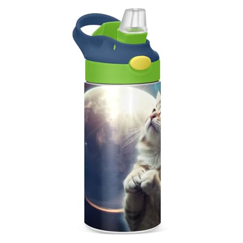 Image of YETTASBIN Galaxy Cat Water Bottle for Kids, 12 oz Leakproof Double Walled Insulated Stainless Steel Water Bottle Travel Tumbler with Straw Lid for Girls Boys Toddlers