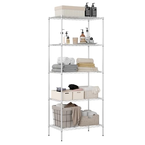 Image of BestOffice | 5-Tier Wire Storage Shelves | 14 x 24 x 60 | Chrome | with Adjustable Racks | Metal Shelf, Holds Upto 500 lbs | No-Tool Assembly | Ideal for Home & Garage Shelving