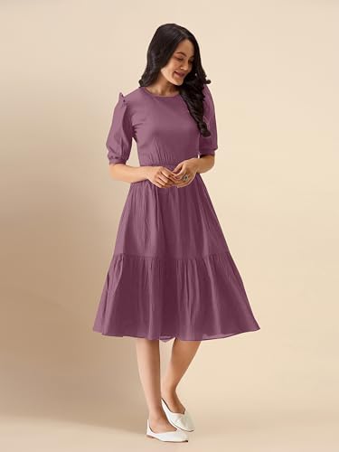 Image of TRENDMALLS Dress for Women Cotton Blend Round Neck Half Puff Sleeve Flared Pleated Midi Western Dress