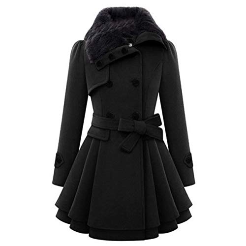Thenxin Women Fashion Fleece Lined Lapel Double-Breasted Thick Wool Blend Dress Coat with Belt(Black,S)