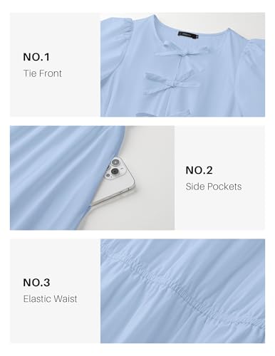 Image of ZESICA Women's Summer Short Sleeve Tie Front Mini Dress Babydoll Ruffle Pleated A Line Vacation Graduation Short Dresses