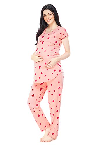 Image of ZEYO Women's Cotton Heart Printed Maternity & Feeding Relaxed Night Suit Set of Top & Pyjama Nursing Night Dress 5329 (Available in Plus Size)
