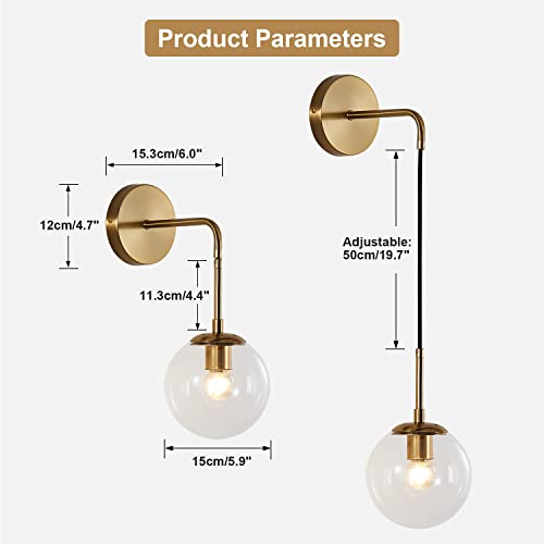 Image of KCO Modern Glass Globe Wall Sconce Set of Two Minimalist Gold Wall Light Fixture with Adjustable Cord Brass Round Glass Wall Mounted Reading Lamp (Clear-2PC)