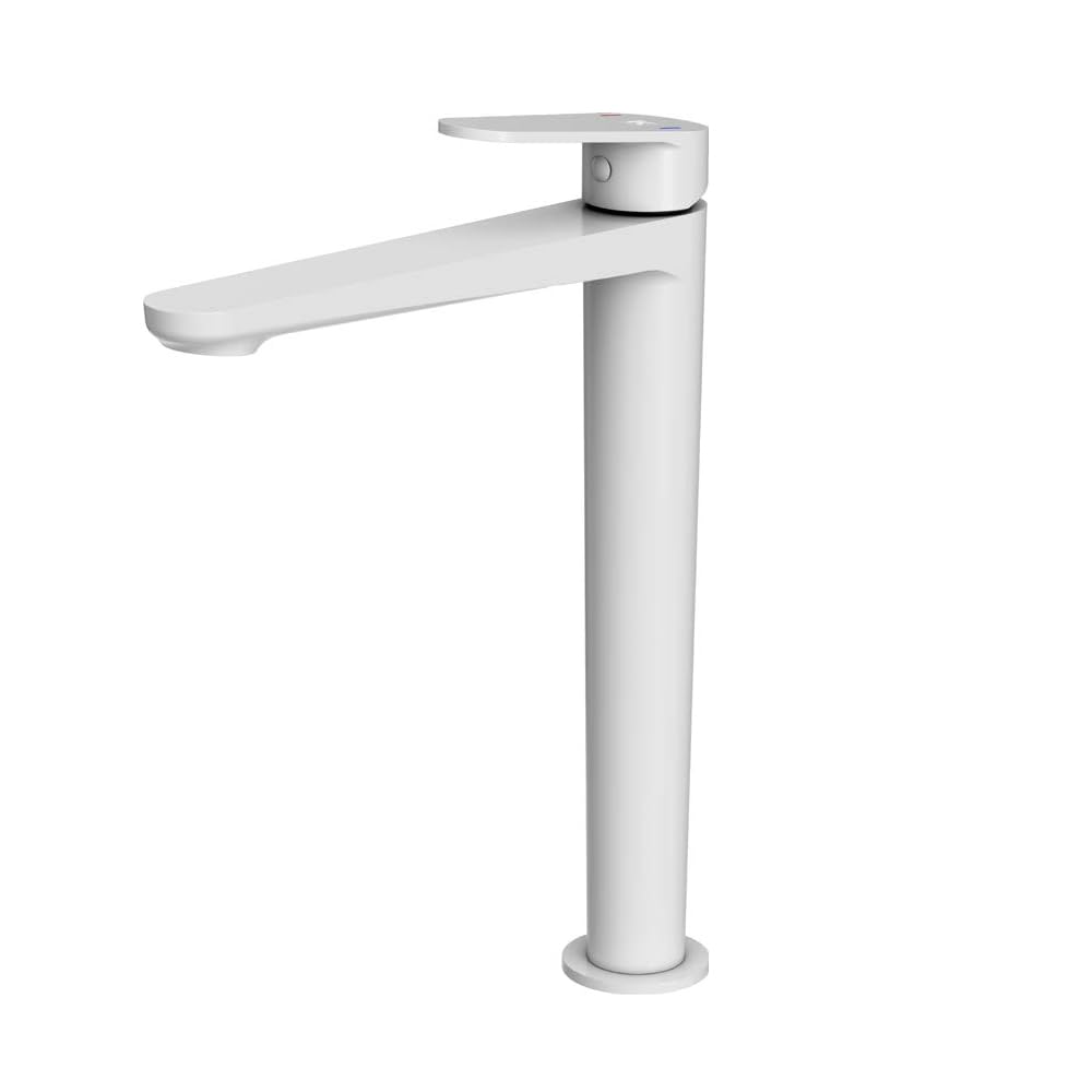 Grifo Monomando de Lavabo Alto GALYON Serie Fine, Cartucho Cerámico 26mm, Acabado Blanco Mate, Conexiones Flexitub Certificadas H3/8"x450mm, Atomizador Oculto M24/100