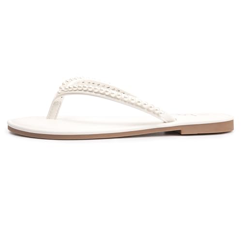 LM Women's Pearls Strappy Flat Sandals Thong Sandals Flip Flop Slip On Slide Sandals for Women Dressy Summer2