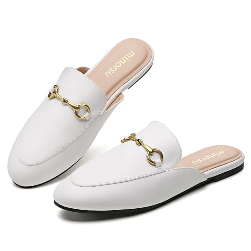 Image of Minorsu Buckle Mules for Women Flats Loafers Shoes for Work Office Business | Slip on,Round Toe,Backless,Slides, Casual