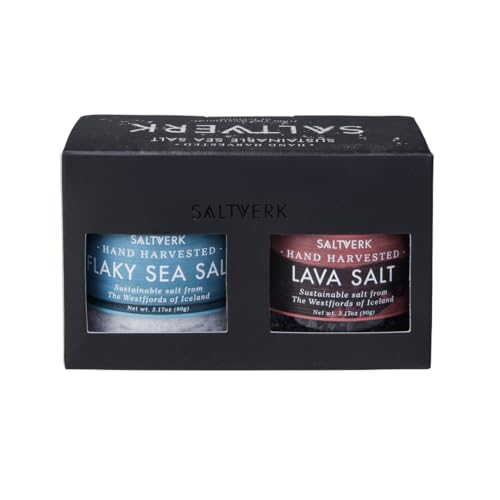 Saltverk Salt Gift Set- Includes 2 Jars - Flaky and Lava Sea Salts- Gourmet, Icelandic, Hand Harvested and Sustainably Made- 6.34 Oz Total