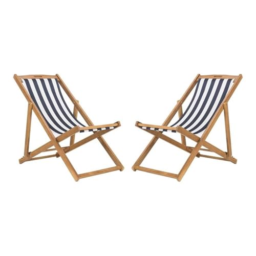 SAFAVIEH Outdoor - Loren Folding Sling Chair Set of 2 - Natural & Navy Stripe - Solid Wood Frame - Portable Bistro Design - Ideal for Patio Poolside Backyard 24 W x 43 D x 25 H (PAT7040A-SET2)