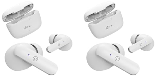 Image of pTron Bassbuds Duo in Ear Earbuds with 32Hrs Total Playtime, Bluetooth 5.1 Wireless Headphones, Stereo Audio, Touch Control TWS, with Mic, Type-C Fast Charging, IPX4 & Voice Assistance (White)