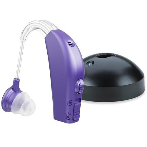Digital Hearing Aid Amplifier Set - Rechargeable Behind the Ear Personal Sound Amplification Device - for Adults and Seniors with All-Day Battery Life, (Single Unit, Purple)