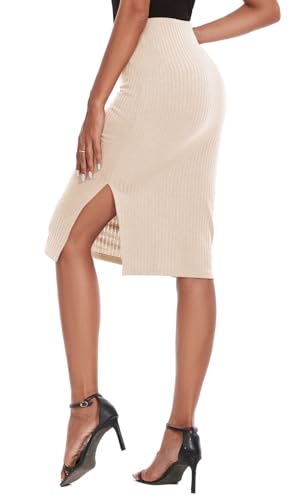 Women's Knee Length Knit Pencil Skirt Stretchy Side Slit Bodycon Midi Skirt4
