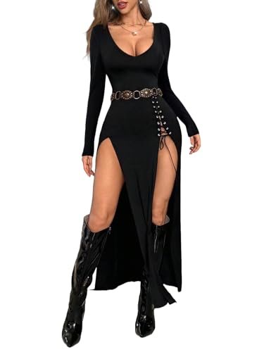 GothDark Vintage Black Goth Long Sleeve Dress High Slit V Neck Eyelet Rope Sexy Party Club Halloween Dress