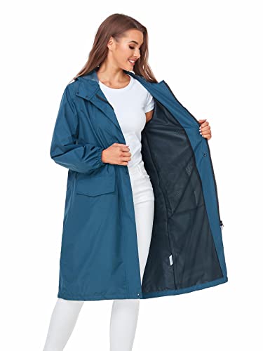 SaphiRose Lange Regenjacke für Damen, wasserdicht, leicht, mit Kapuze, Tiefblau, L