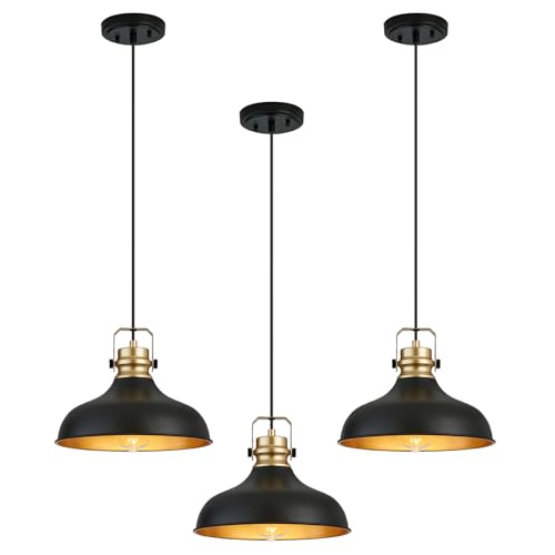 Image of Black and Gold Pendant Lights Kitchen Island Fixtures | ETL Certificate,Industrial Adjustable Height Vintage Dome Hanging Light Fixtures for Barn,Dining Room 3 Pack