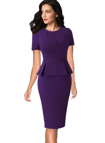 Image of VFSHOW Womens Pleated Crew Neck Peplum Work Business Office Church Bodycon Pencil Sheath Dress