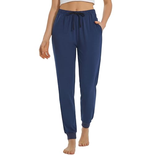 U2SKIIN Damen Schlafanzughose lang Pyjamahose leichte Schlafhose Freizeithose Haushose (A-Dunkelblau M)
