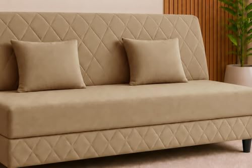 Image of Deco Studio 3 Seater Sofa Bed | Premium Upholstered Velvet Fabric Folding Couch for Living Room, Guest Room & Bedroom | Quilted Backrest with 2 Cushions (Golden)
