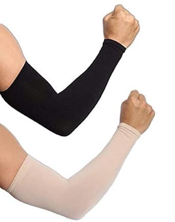 NESVIB 2 Pairs Black and Beige Color Cotton Biker, Sports, Driving Full Arm Sleeves Gloves for UV, Dust & Sun Protection for Men and Women