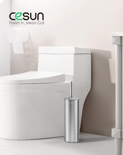 Image of Cesun Toilet Brush and Holder Set - Curved Design Toilet Brush for Deep Cleaning Under Rim, 304 Stainless Steel Toilet Bowl Brush and Holder for Bathroom, Rv, Silver(2 Replaceable Brush Head Included)