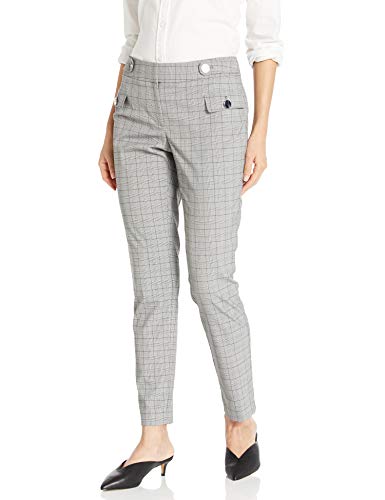 Calvin Klein Women's Straight Leg Pant with Buttons, Light Grey Glen Plaid, 8