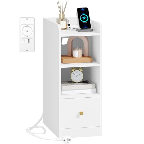 Hzuaneri Table de Chevet avec Multiprise, Port USB et Type C, Table d'appoint Étroite, Espace de Rangement à 3 Niveaux avec 1 Tiroir, pour Chambre à Coucher, Salon,...