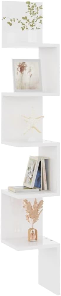Wall Corner Shelf High Gloss White Engineered Wood, 7.9x7.9x50.2 Inch Modern Floating Display Ledge for Living Room, Bedroom, and Bathroom Decor