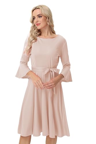 Image of Hostoyo Church Dress for Women Wedding Guest Cocktail Party Dresses Evening Prom Formal Modest Gowns Crew Neck Bell Sleeve