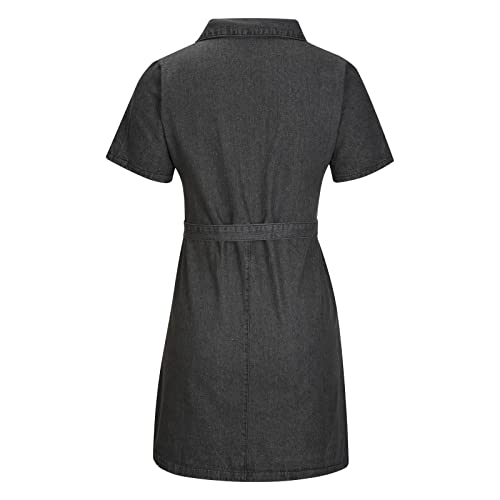 RKSTN Womens Summer Dresses Trendy Lace Up Waist Short Sleeve Mini Dress Zipper Pocket Wrap Dress Girls Casual Denim Dress4