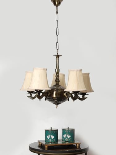 Image of Devansh 05 Lights Off-White Round Cotton Shade with Antique Golden Chandelier -H