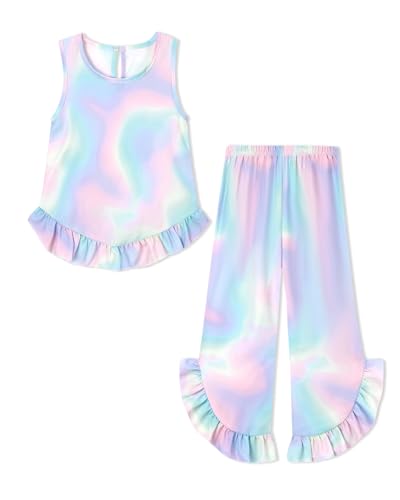 Coco&RARA Toddler Girl Clothes 5T Girl Clothes 4 5 Years Tie-Dye Sleeveless Ruffled Top+Long Elastic Waist Pants Outfits Set 2Pcs Spring Summer Casual Cute Playwear(Blue 4-5T)
