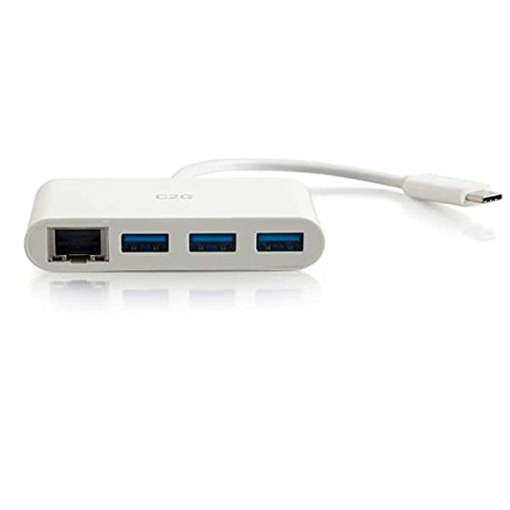C2G Adaptador USB-C® a Ethernet (RJ45) con 3 Puertos USB A 3.0 - Hub USB C - Blanco