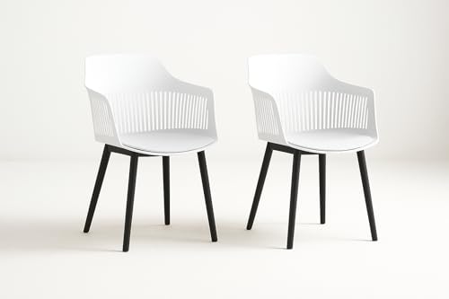 Image of Creative White Plastic Dining Chairs Set of 2 | Armrest Spindle Back Design | Plastic Shell and Legs | 1.47 Feet Seat Height | Dining Kitchen Cafe Restaurant Living Room Home Use