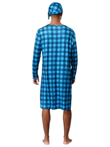 TiaoBug Mens Plaid Loose Sleepwear Nightdress Lightweight Nightshirts Robe with Sleeping Cap Pajama Set4