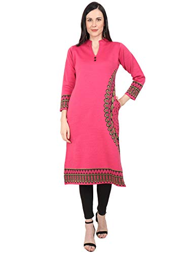 Image of Rosary Women's Winter Wear Jacquard Woolen Straight Kurti with 2 Side Pockets,Pink,M