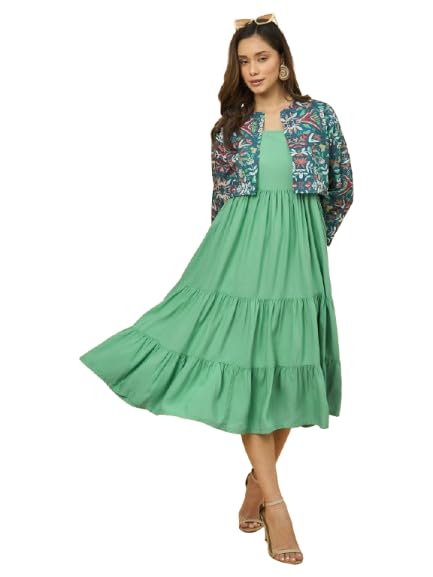 Image of Azira Women Rayon Solid Fit & Flared Dress with Printed Jacket | Perfect for Casual outings, Parties Rayon Fabric|